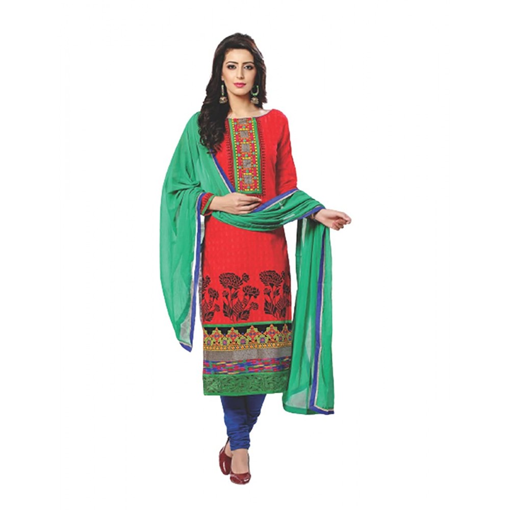 Evaya Red and Sea Green Satin Cotton Straight Suit Women Dress Material